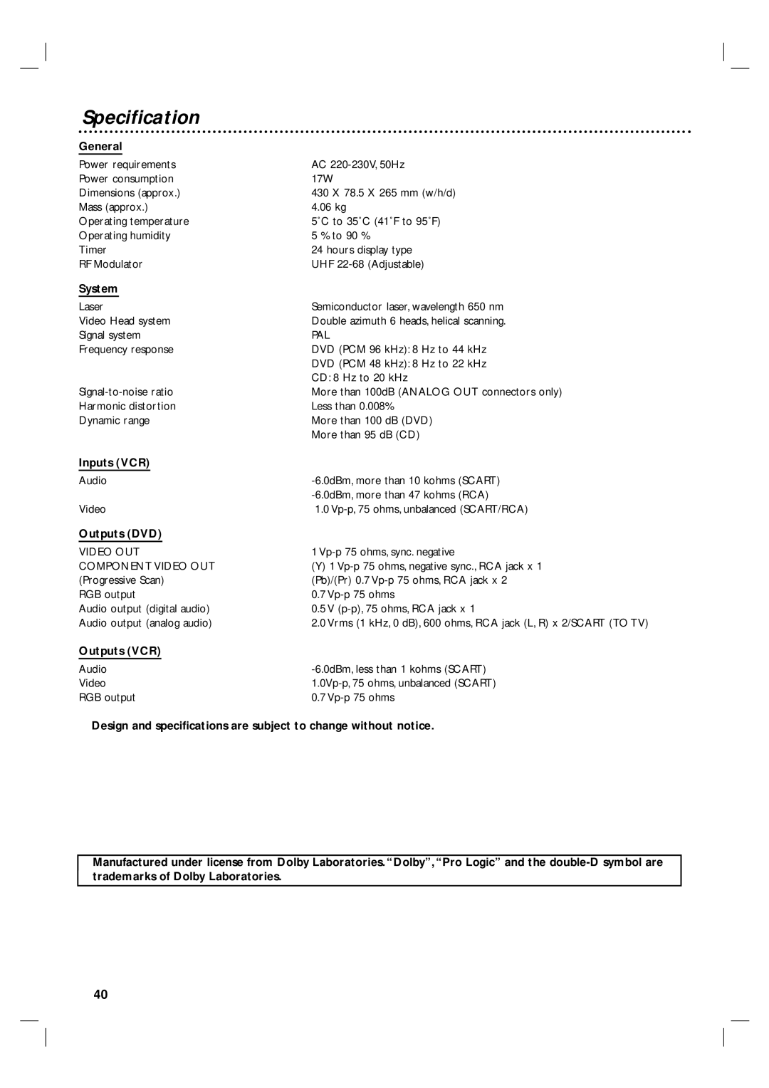 Philips 3834RV0038L user manual Specification 