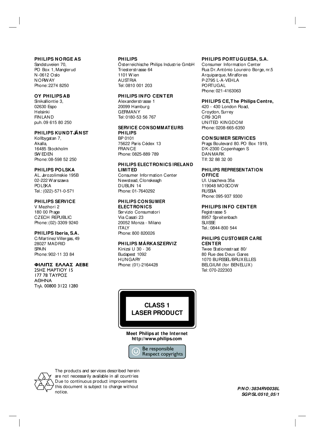 Philips 3834RV0038L Philips Norge AS, Philips Kundtjänst, Philips Polska, Philips Service, Philips Philips PORTUGUESA, S.A 