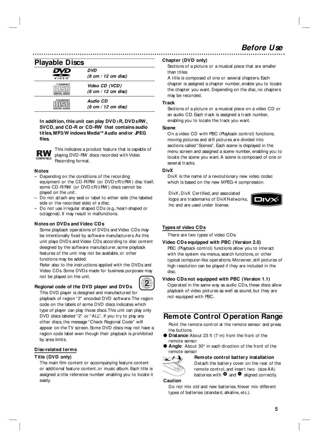 Philips 3834RV0038L user manual Before Use, Playable Discs, Remote Control Operation Range 