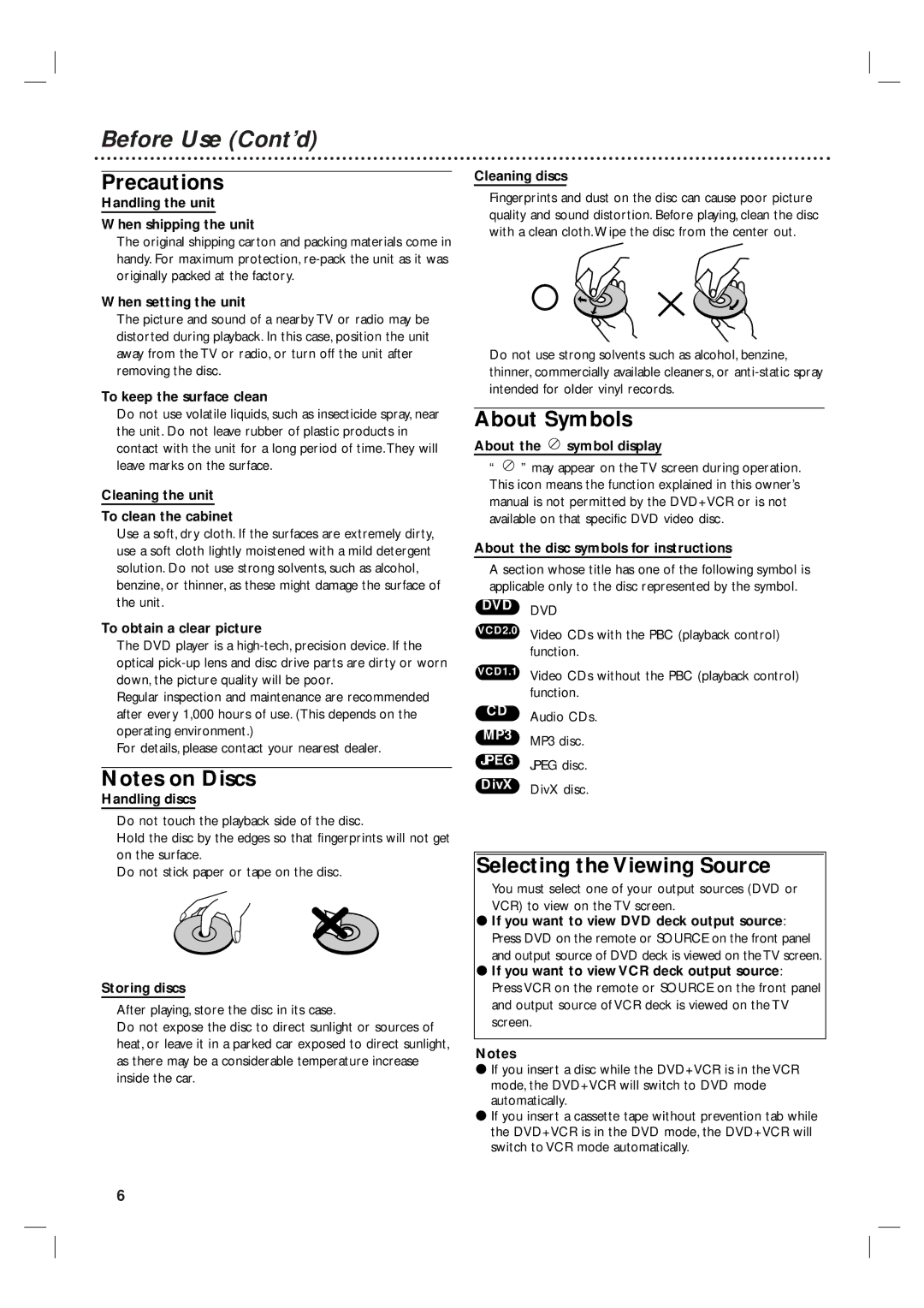 Philips 3834RV0038L user manual Before Use Cont’d, Precautions, About Symbols, Selecting the Viewing Source 