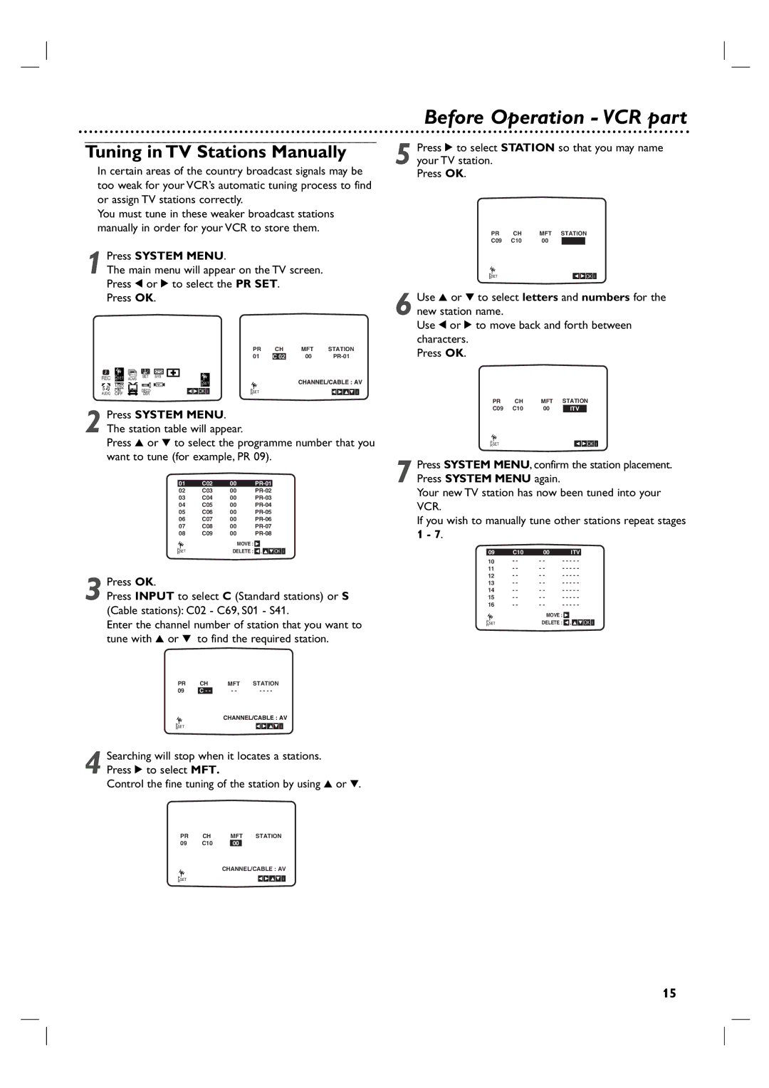 Philips 3834RV0048A manual Tuning in TV Stations Manually, Press 1 or 2 to select the PR SET Press OK 