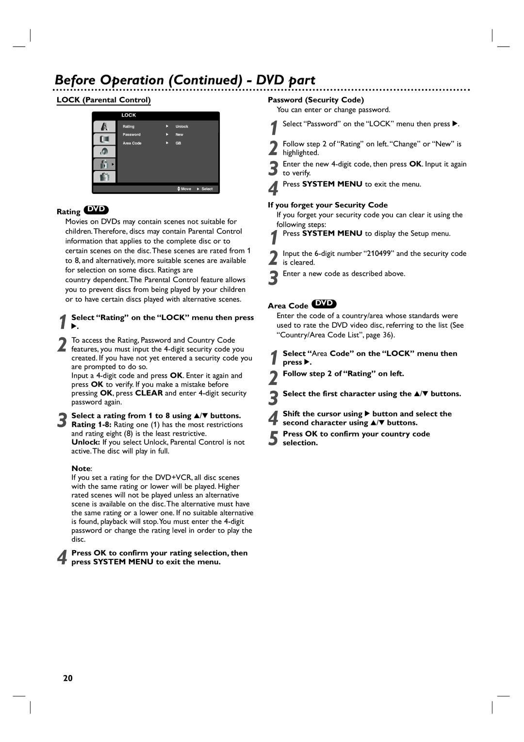 Philips 3834RV0048A manual Lock Parental Control, Rating DVD, Select Rating on the Lock menu then press, Area Code DVD 