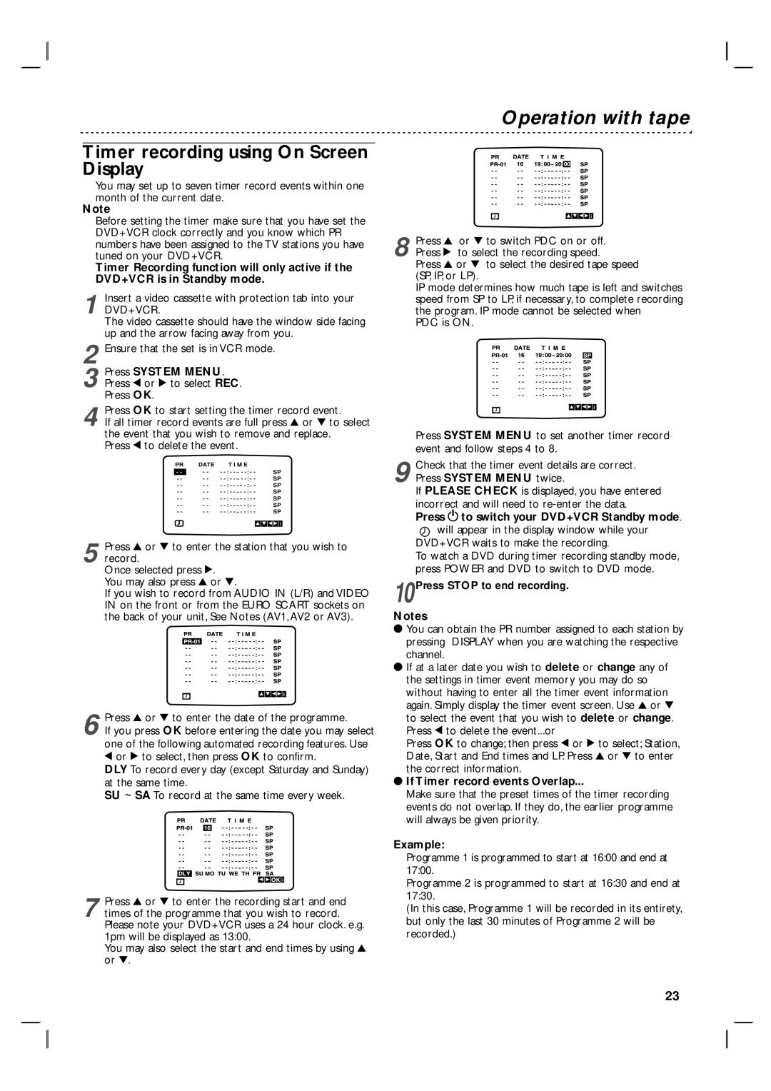 Philips 3834RV0048A manual Timer recording using On Screen Display, Event that you wish to remove and replace, Example 