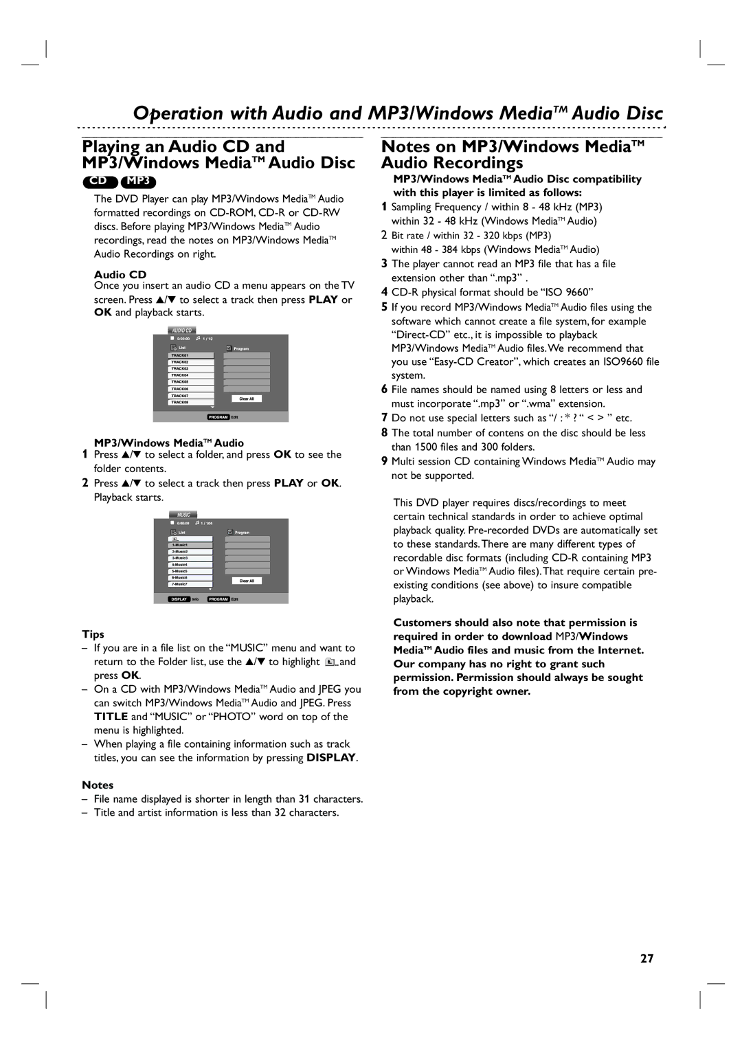 Philips 3834RV0048A manual Operation with Audio and MP3/Windows MediaTM Audio Disc, Audio CD 