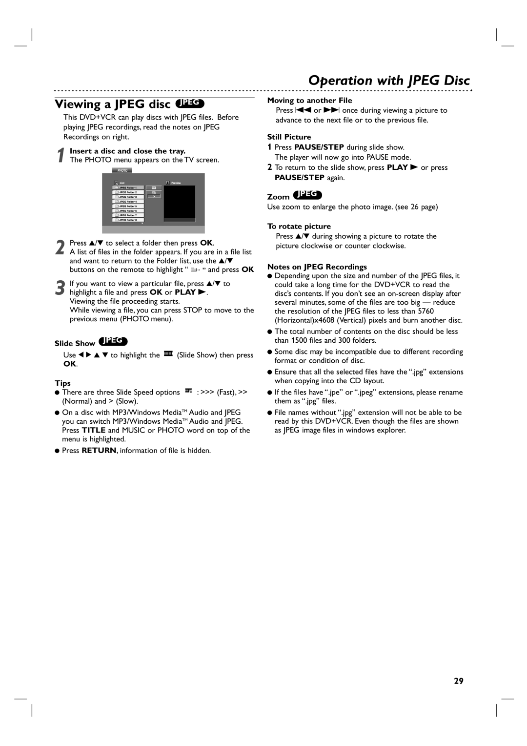 Philips 3834RV0048A manual Operation with Jpeg Disc, Viewing a Jpeg disc Jpeg 