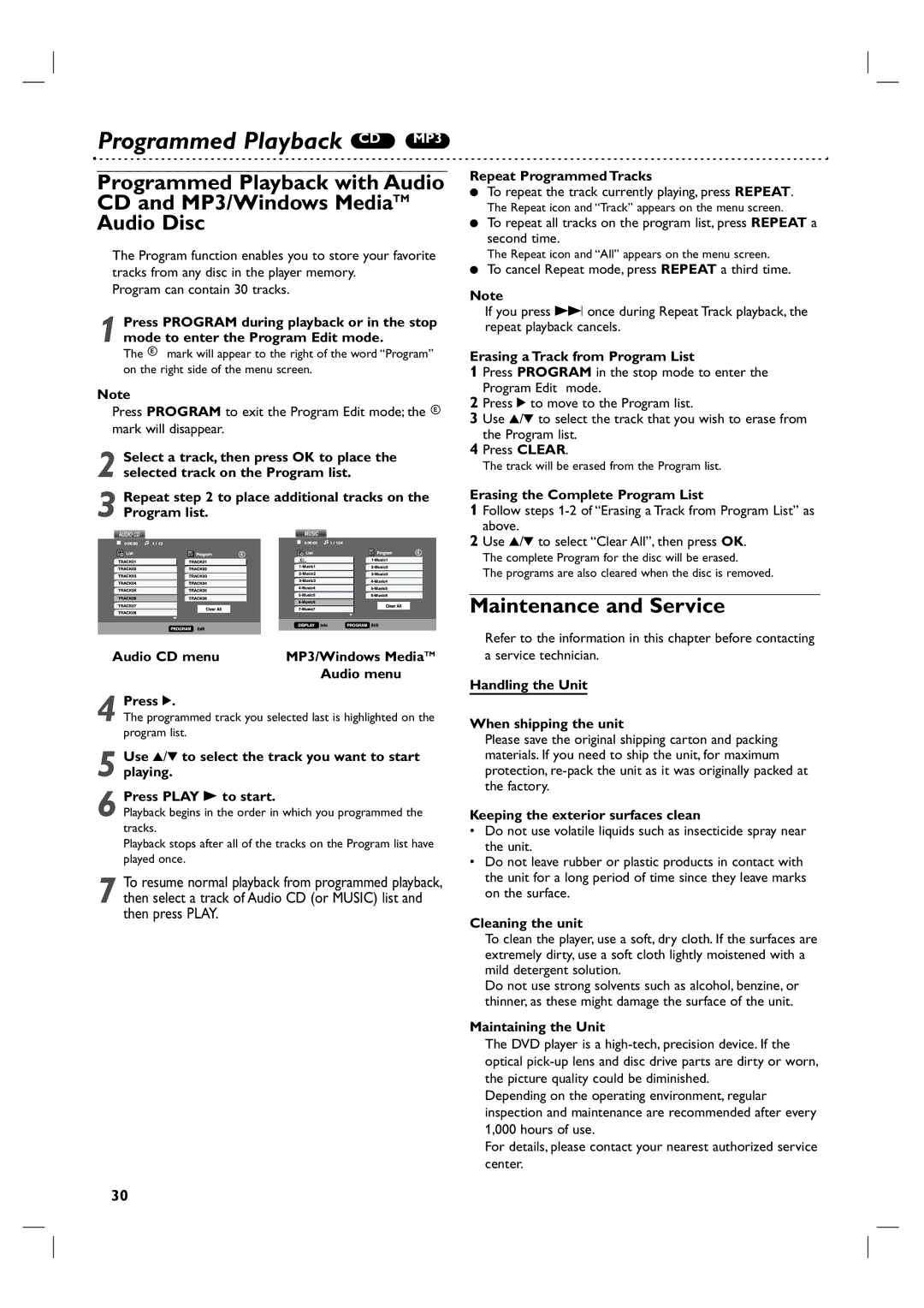 Philips 3834RV0048A manual Programmed Playback CD MP3, Maintenance and Service 