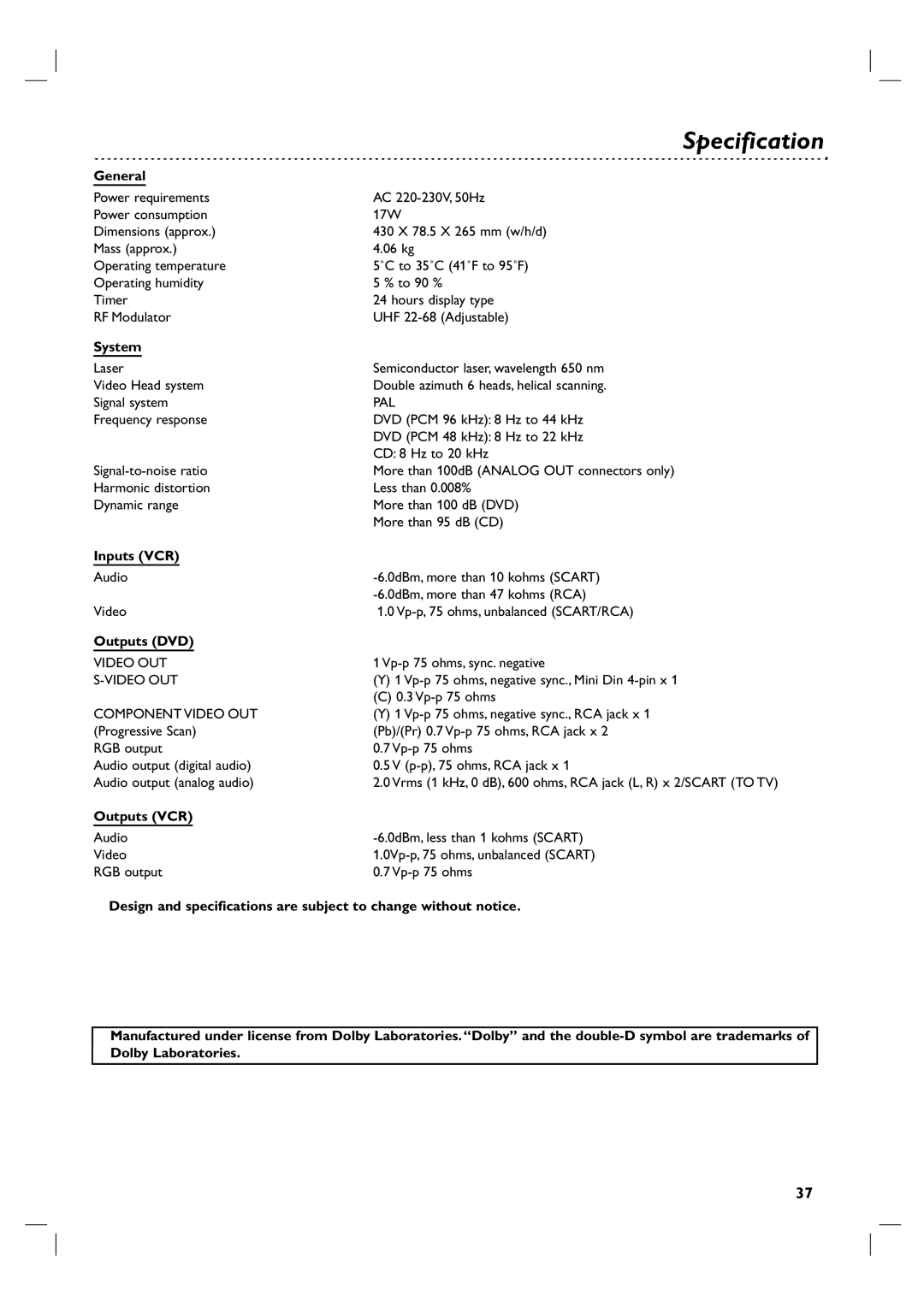 Philips 3834RV0048A manual Specification 