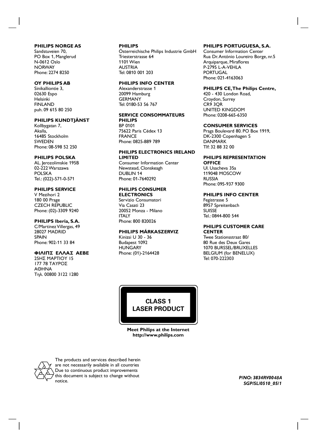 Philips 3834RV0048A Philips Norge AS, Philips Kundtjänst, Philips Polska, Philips Service, Philips Philips PORTUGUESA, S.A 