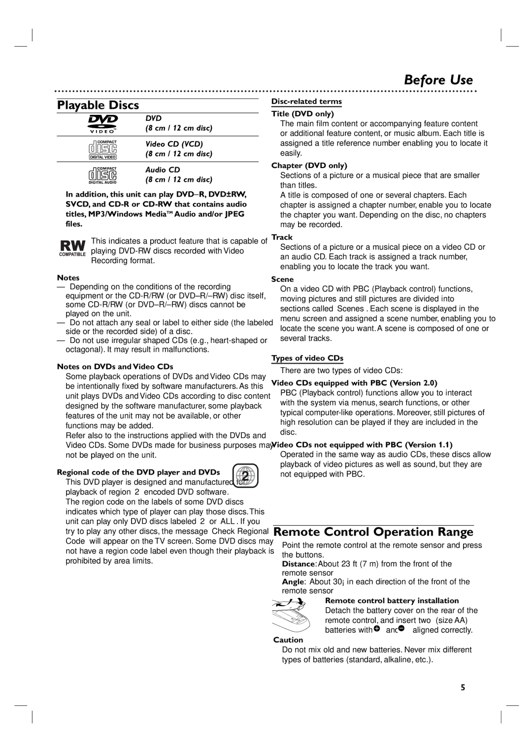 Philips 3834RV0048A manual Before Use, Playable Discs, Remote Control Operation Range 