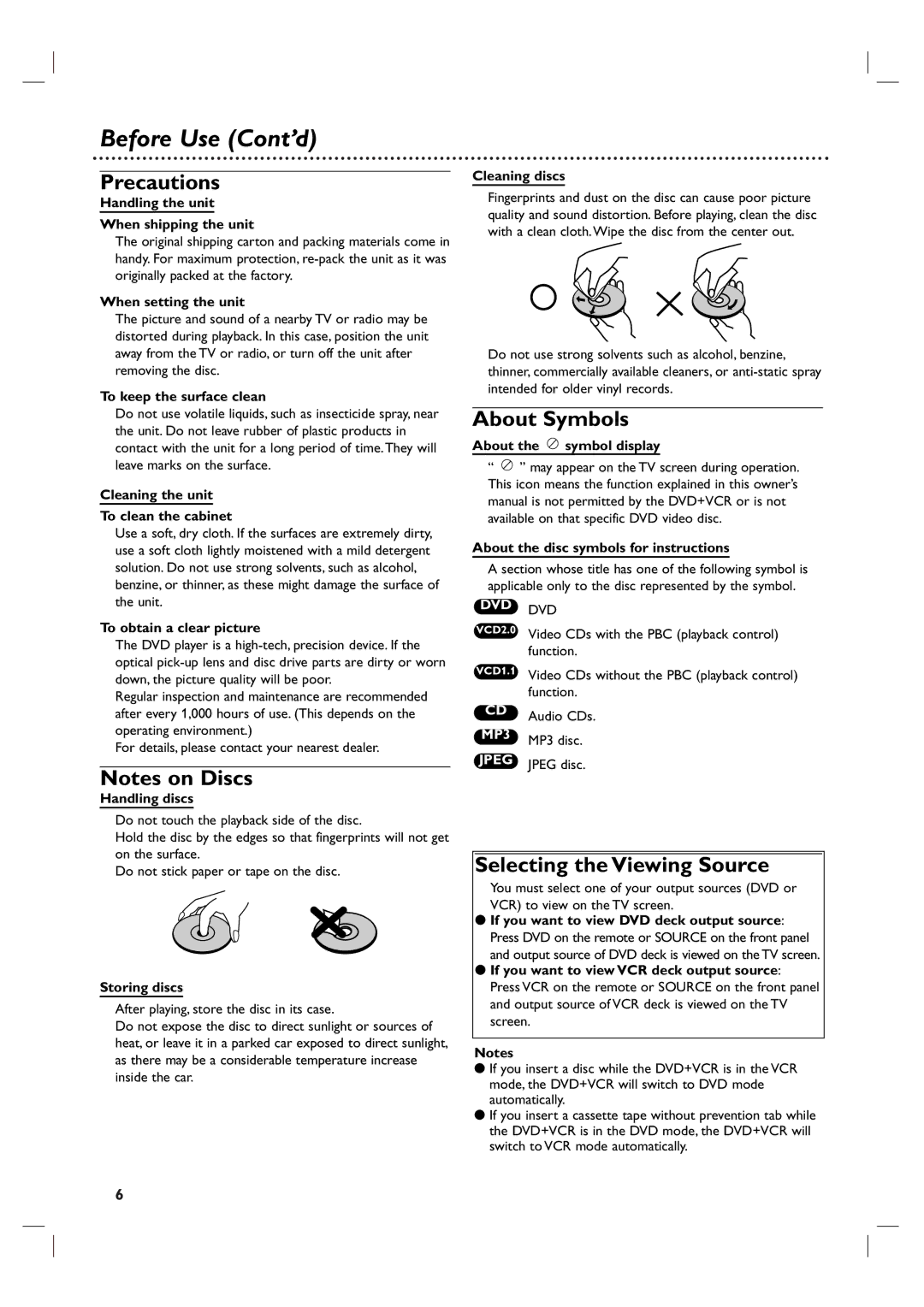 Philips 3834RV0048A manual Before Use Cont’d, Precautions, About Symbols, Selecting the Viewing Source 