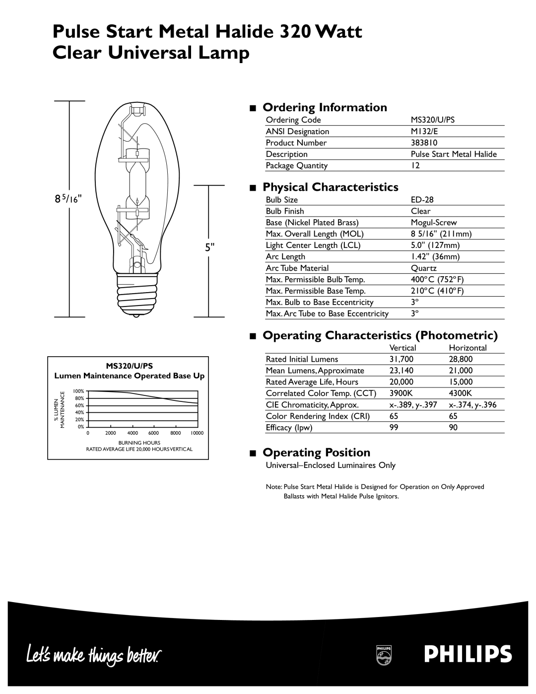 Philips 383810 manual Ordering Information, Physical Characteristics, Operating Characteristics Photometric 