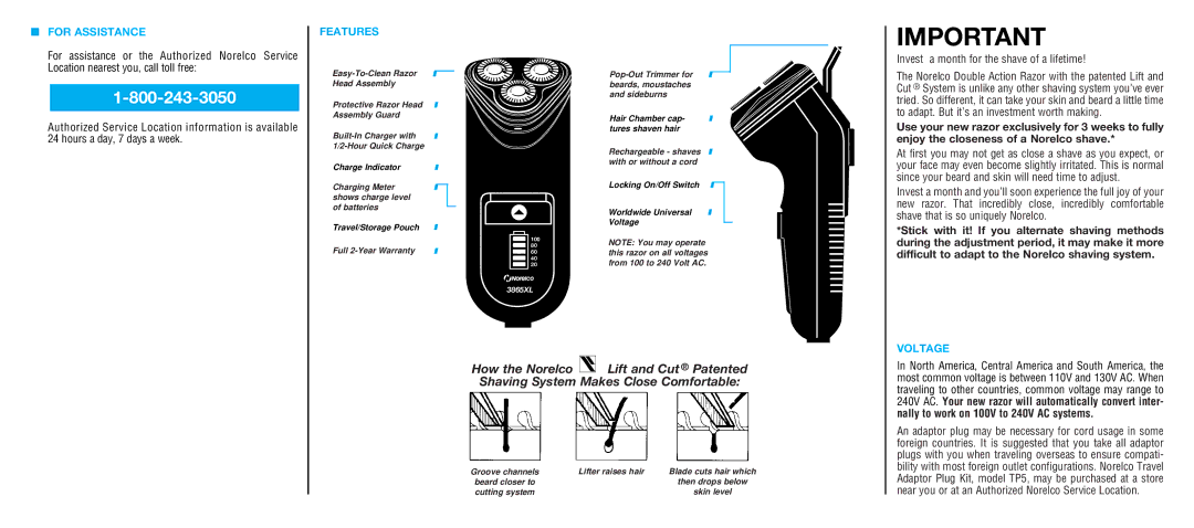 Philips 3865XL important safety instructions For Assistance, Features, Invest a month for the shave of a lifetime, Voltage 