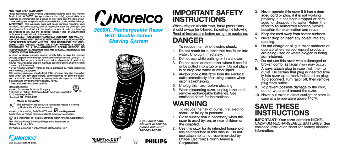 Philips 3865XL important safety instructions Danger, Save These Instructions, Important Safety Instructions, Liftandcut 