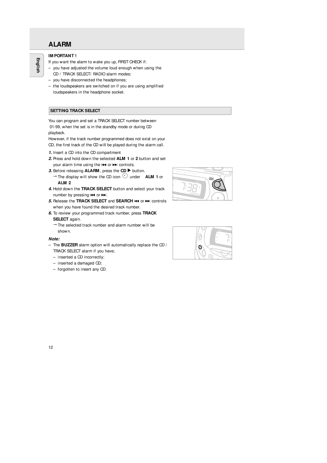 Philips 3940, AJ 3941 Setting Track Select, Alm, Number by pressing ∞ or §, When you have found the desired track number 