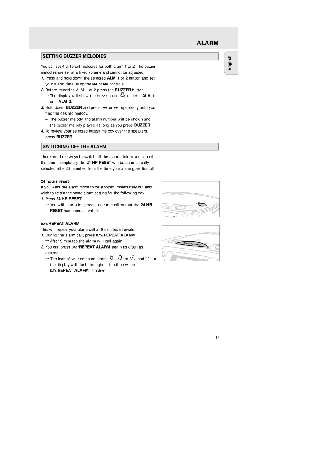 Philips AJ 3941, 3940 manual Setting Buzzer Melodies, Switching OFF the Alarm, Or ALM, Hours reset, Press 24 HR Reset 