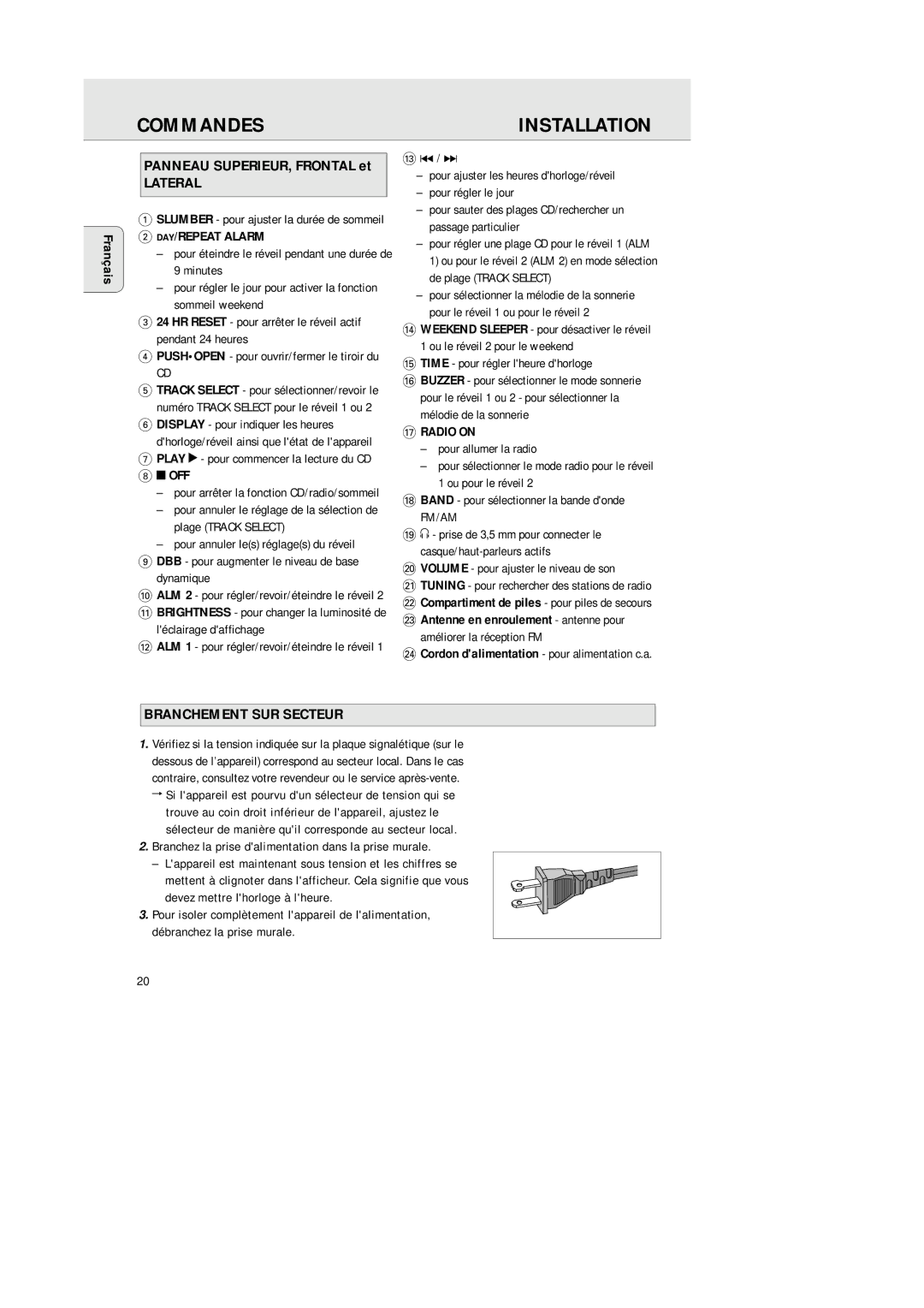 Philips 3940, AJ 3941 manual Commandes, Lateral, Branchement SUR Secteur, Français Panneau SUPERIEUR, Frontal et 