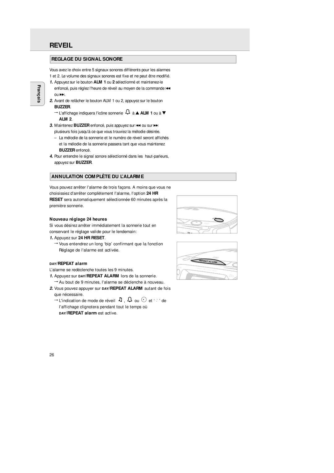 Philips 3940, AJ 3941 manual Reglage DU Signal Sonore, Annulation Complète DU L’ALARME, Buzzer, Nouveau réglage 24 heures 