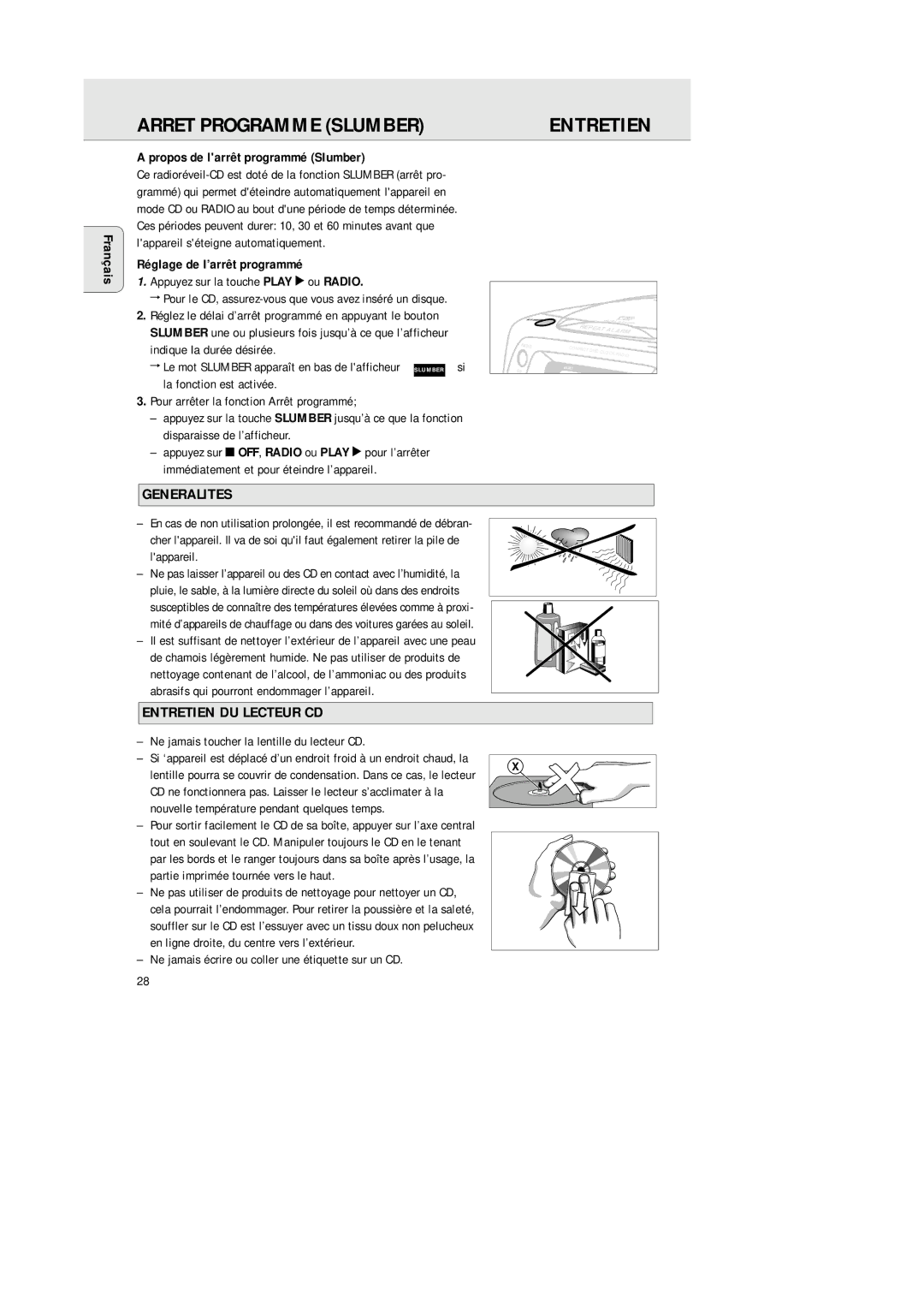 Philips 3940, AJ 3941 manual Arret Programme Slumber, Generalites, Entretien DU Lecteur CD 