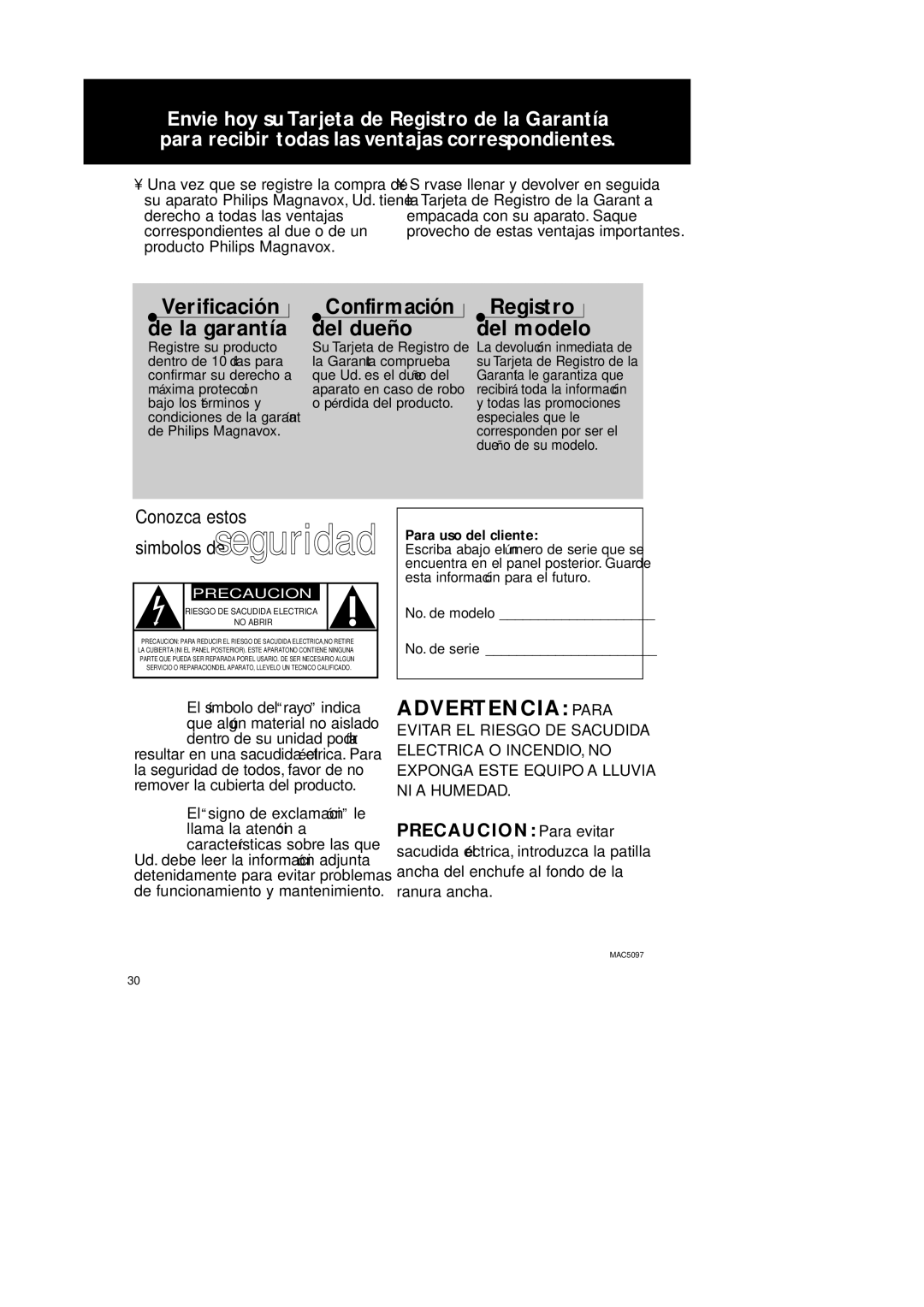 Philips 3940, AJ 3941 manual Advertencia Para, Para uso del cliente, No. de modelo No. de serie 