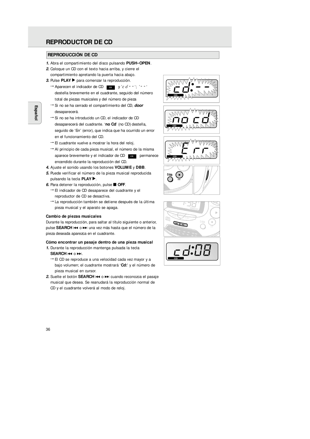 Philips 3940, AJ 3941 manual Reproductor DE CD, Reproducción DE CD, El cuadrante vuelve a mostrar la hora del reloj 