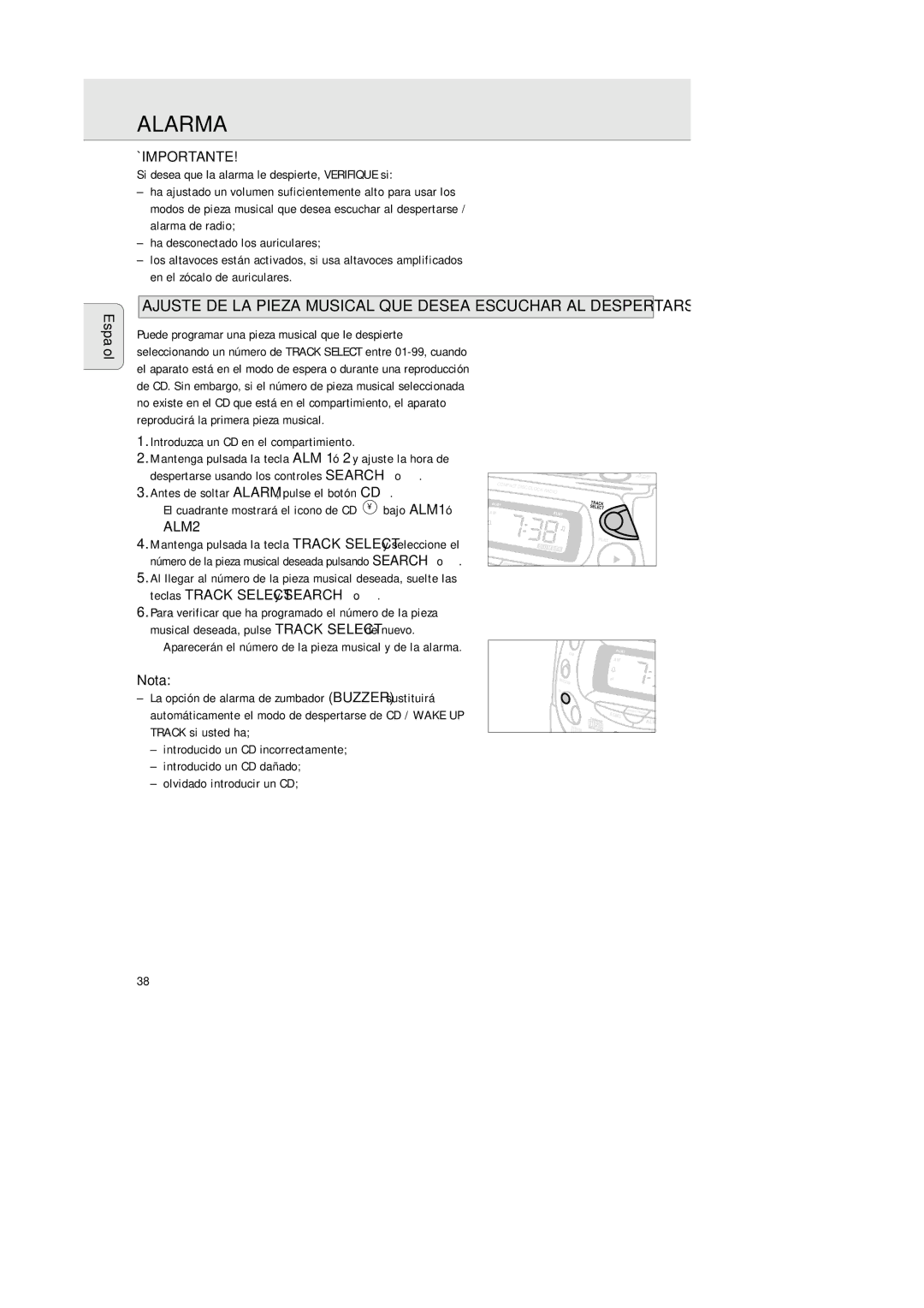 Philips 3940, AJ 3941 Alarma, ¡Importante, Introduzca un CD en el compartimiento, Teclas Track Select y Search ∞ o §, Nota 