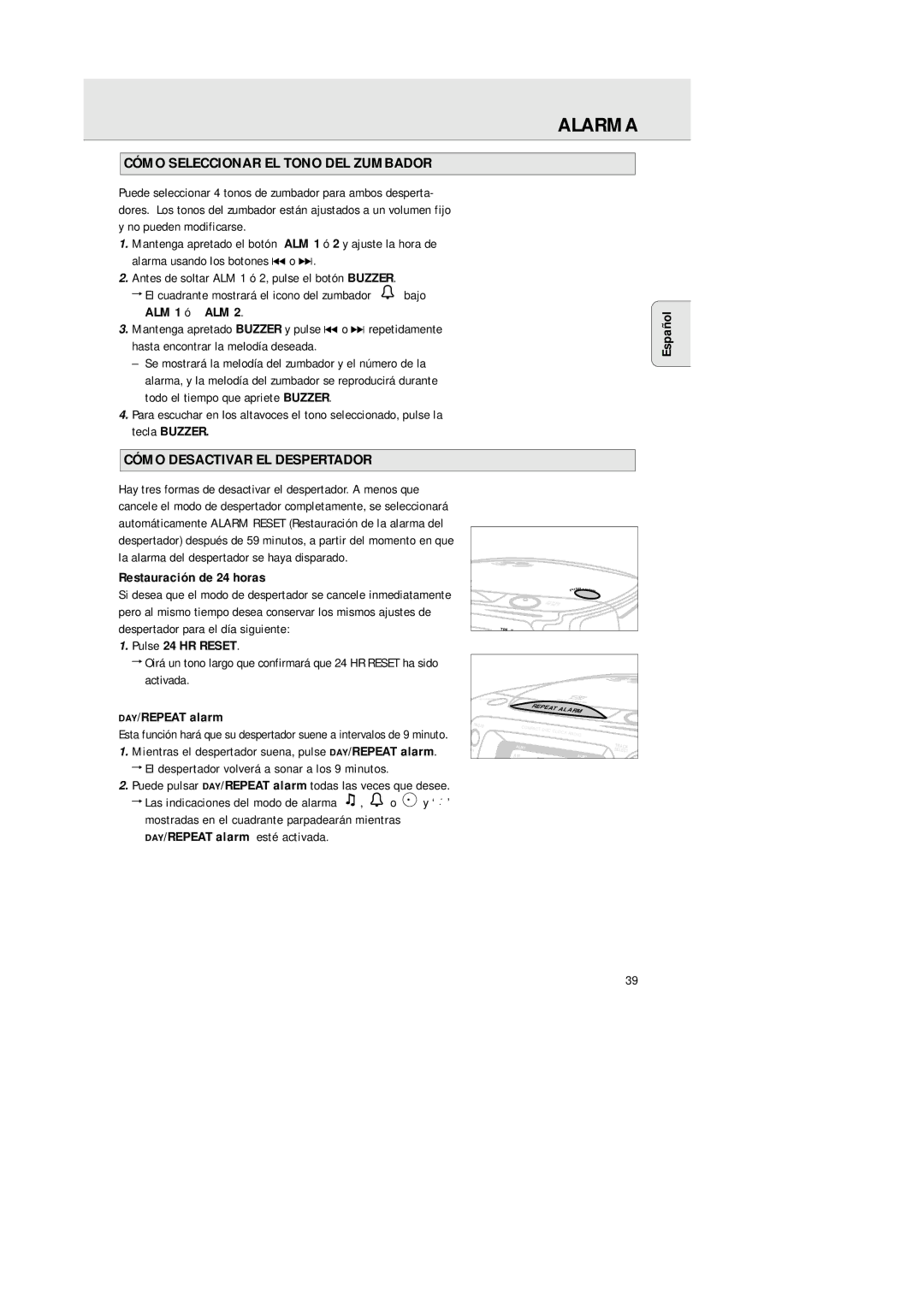 Philips AJ 3941 Cómo Seleccionar EL Tono DEL Zumbador, Cómo Desactivar EL Despertador, ALM 1 ó ALM, Pulse 24 HR Reset 