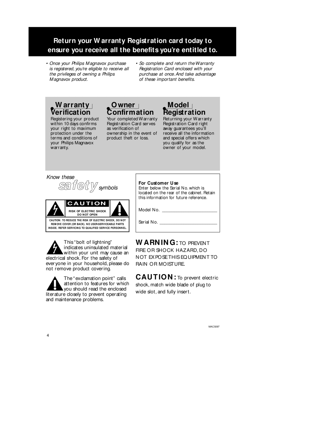 Philips 3940, AJ 3941 manual For Customer Use, Model No Serial No 