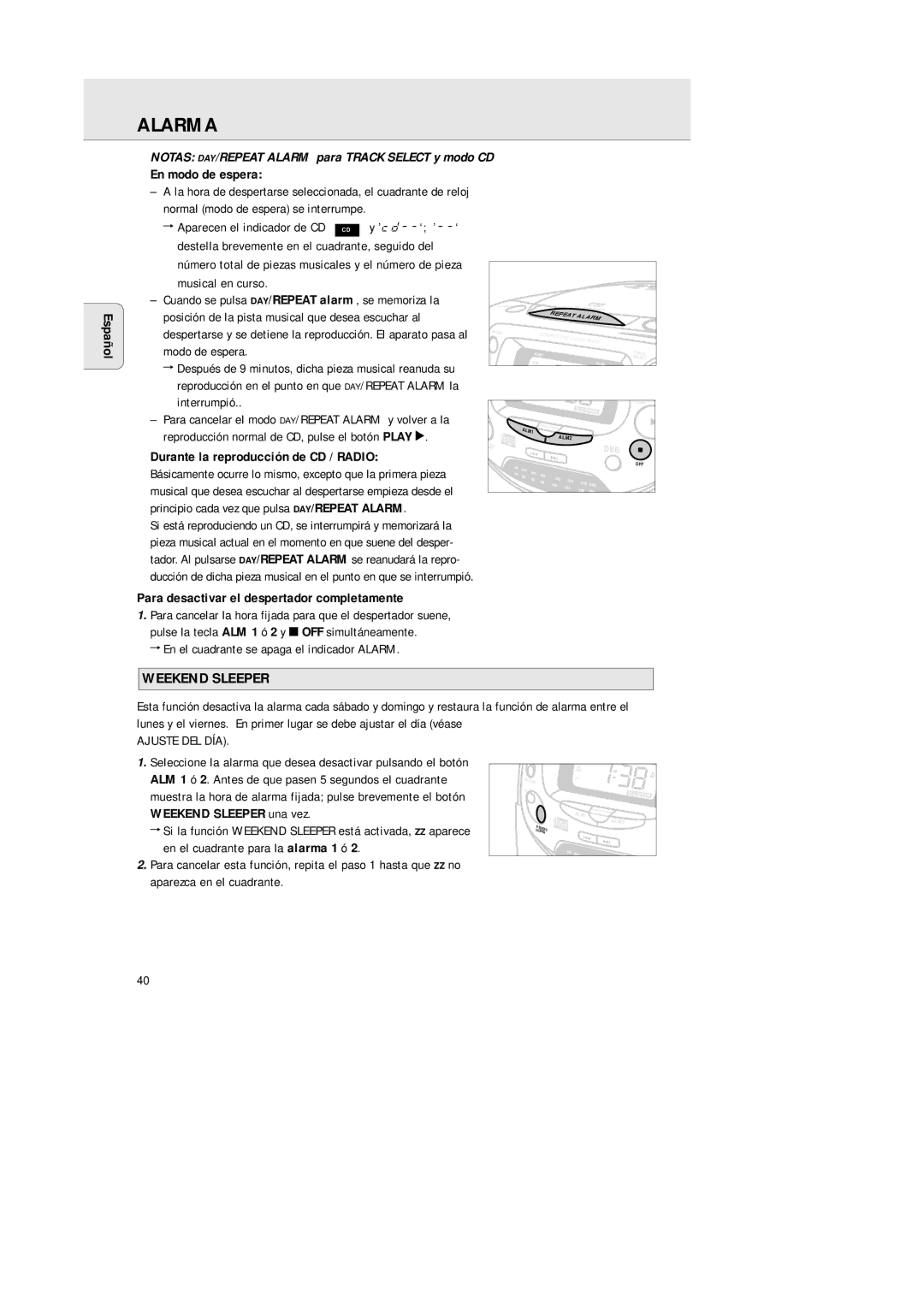 Philips 3940, AJ 3941 manual Notas DAY/REPEAT Alarm para Track Select y modo CD, En modo de espera Español 