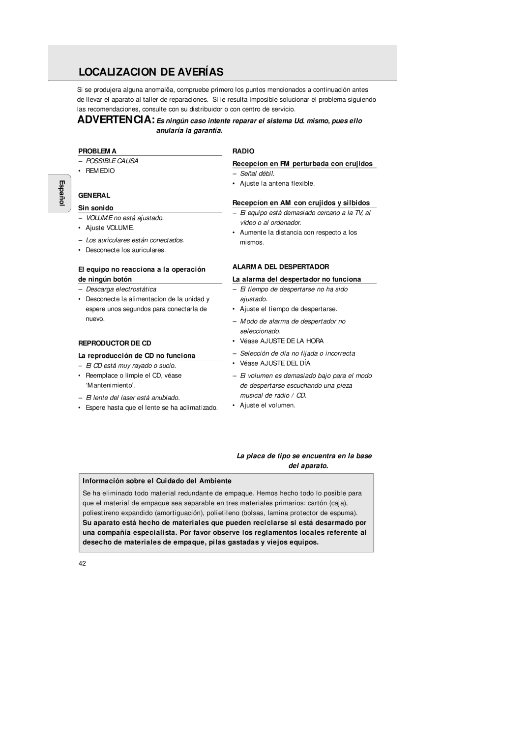 Philips 3940, AJ 3941 manual Localizacion DE Averías, Problema, Reproductor DE CD, Alarma DEL Despertador 