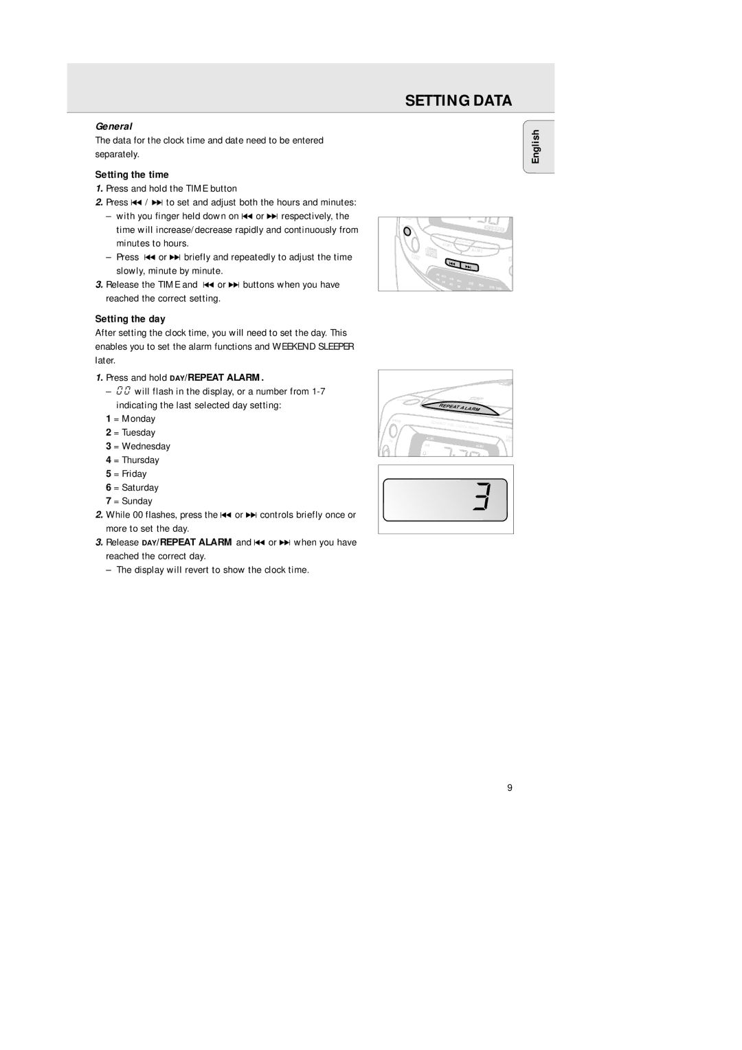 Philips AJ 3941, 3940 manual Setting Data, General, Setting the time, Press and hold the Time button, Setting the day 