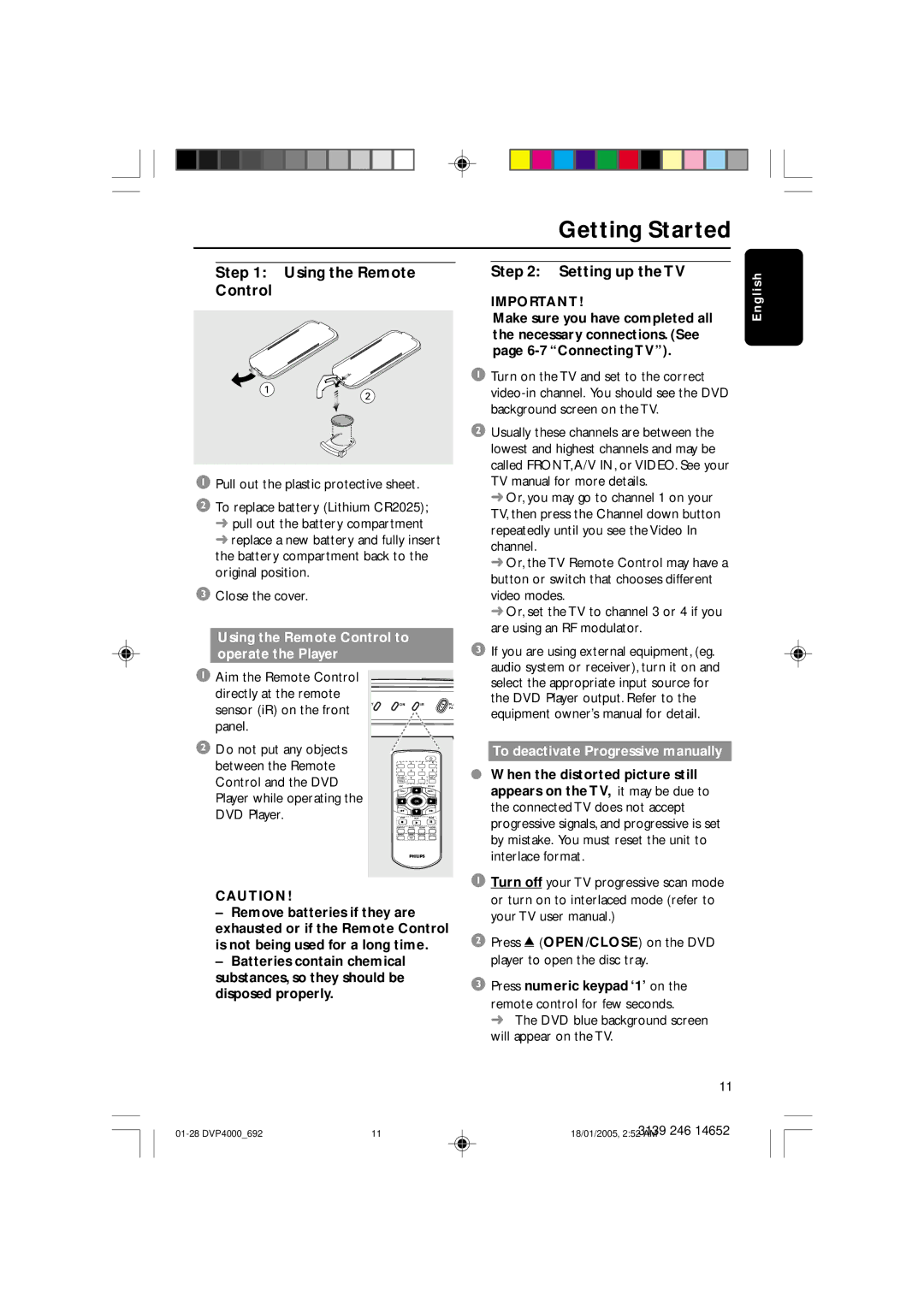 Philips 4000 user manual Getting Started, Setting up the TV, Using the Remote Control to operate the Player 