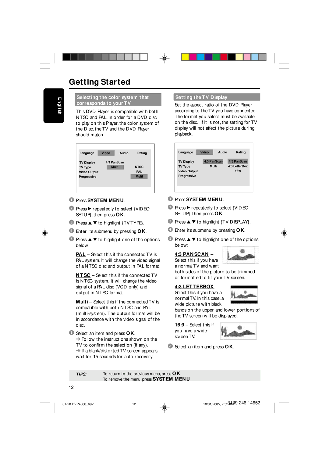 Philips 4000 user manual Selecting the color system that corresponds to your TV, Setting the TV Display, Press System Menu 
