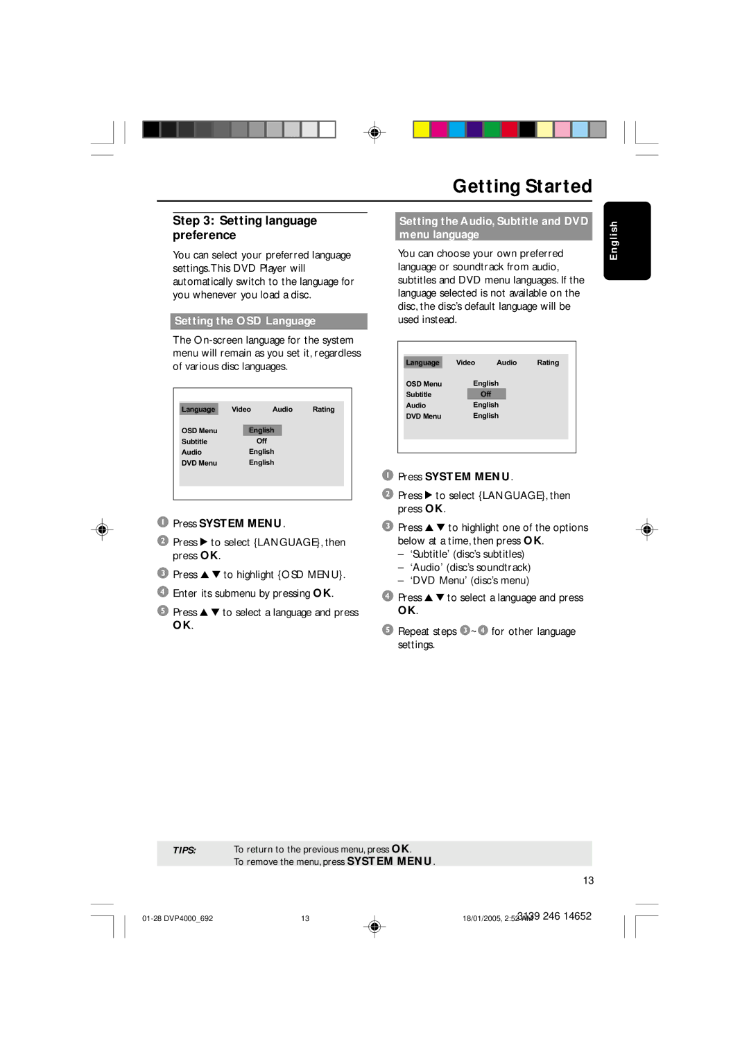 Philips 4000 Setting language preference, Setting the OSD Language, Setting the Audio, Subtitle and DVD menu language 