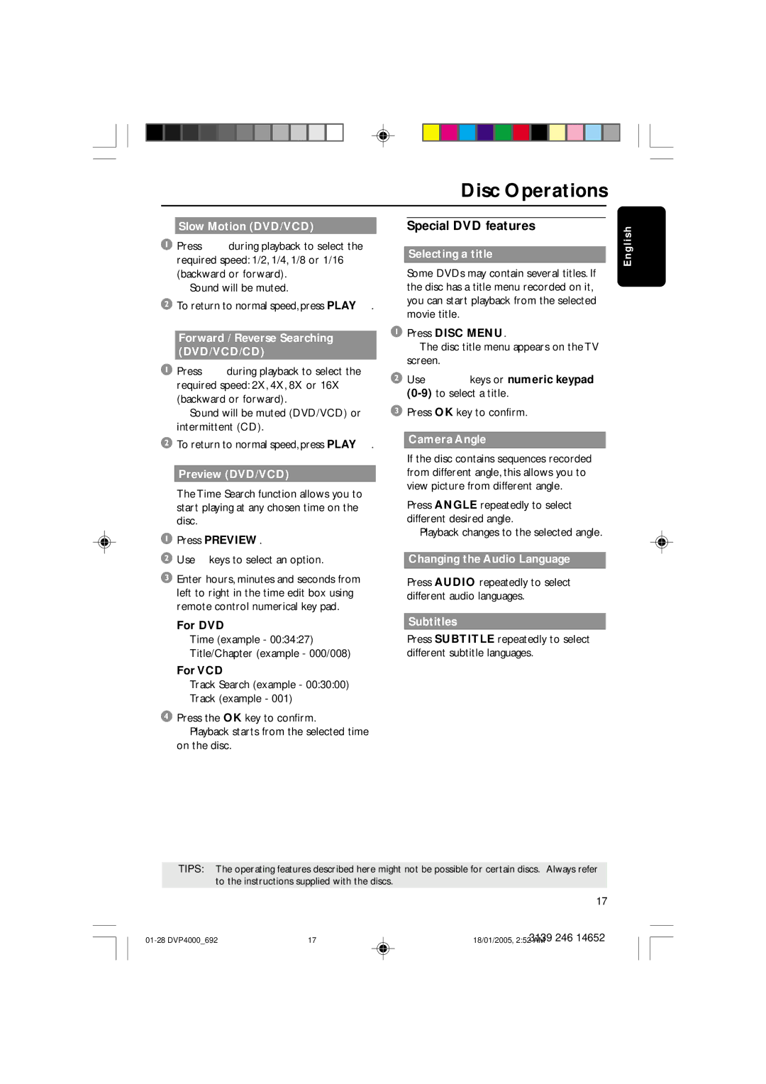 Philips 4000 user manual Special DVD features, Selecting a title, Camera Angle, Changing the Audio Language, Subtitles 