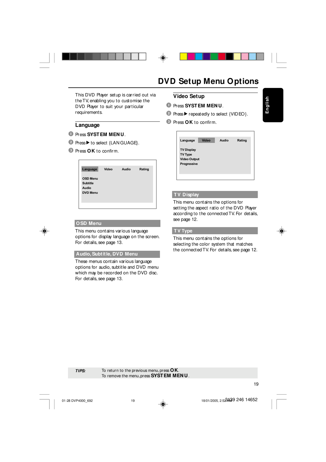 Philips 4000 user manual DVD Setup Menu Options, Language, Video Setup 