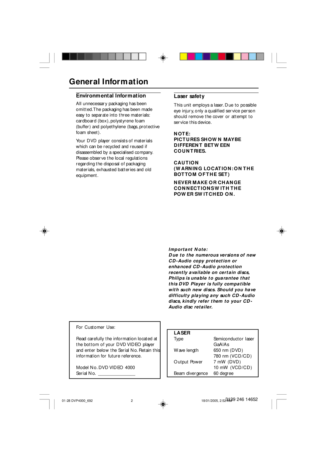 Philips 4000 user manual General Information, Environmental Information, Laser safety 