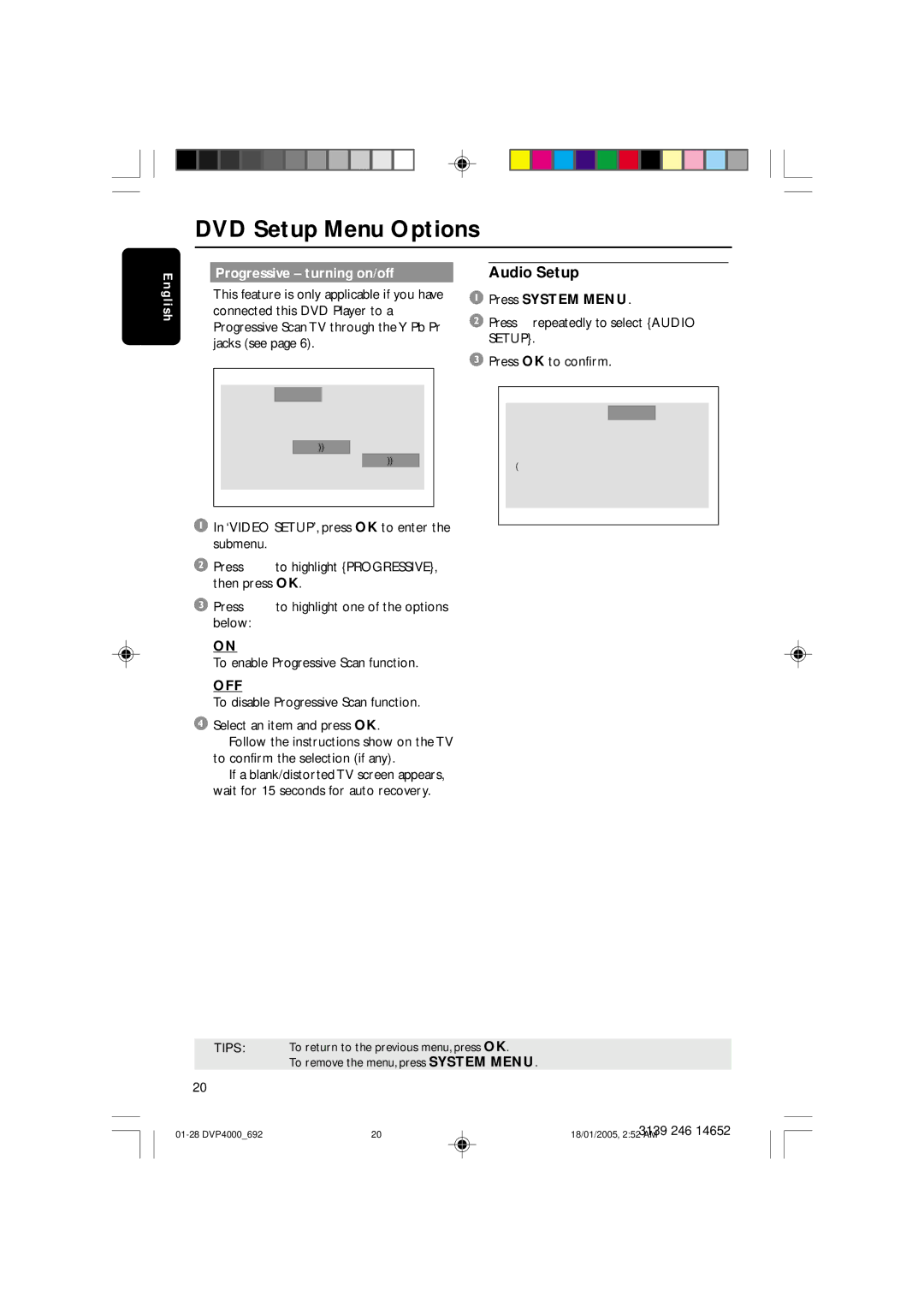 Philips 4000 user manual Audio Setup, Progressive turning on/off, Off 