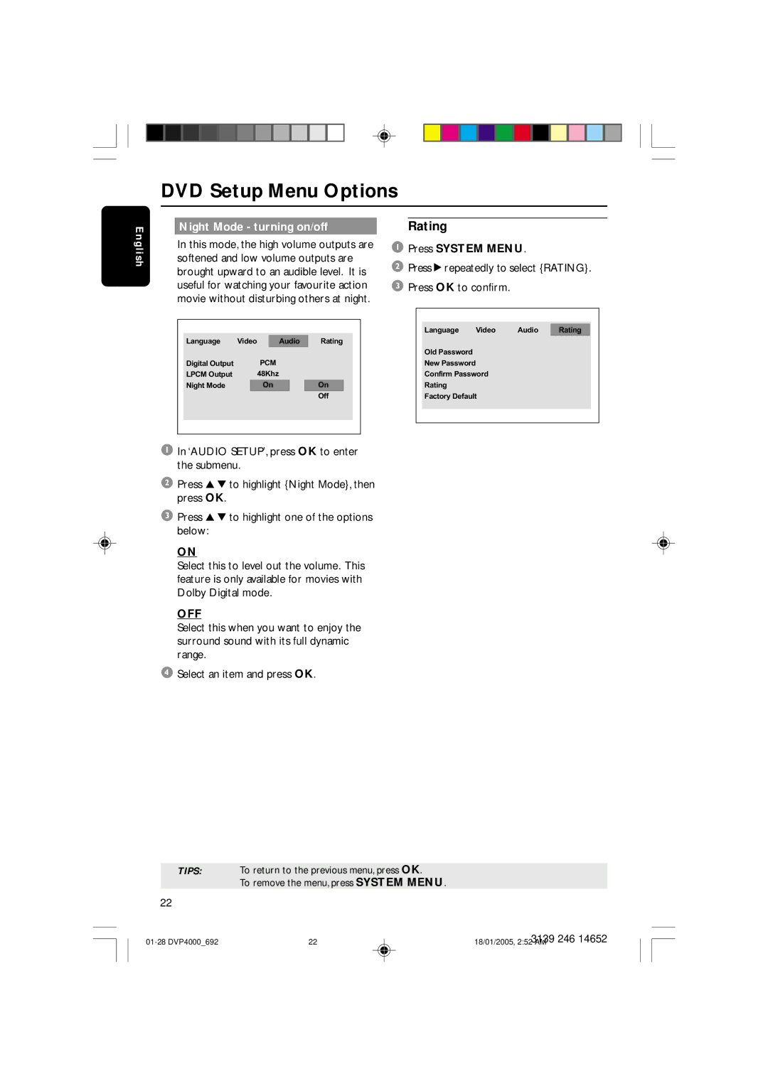 Philips 4000 user manual Night Mode turning on/off, Press 2 repeatedly to select Rating Press OK to confirm 