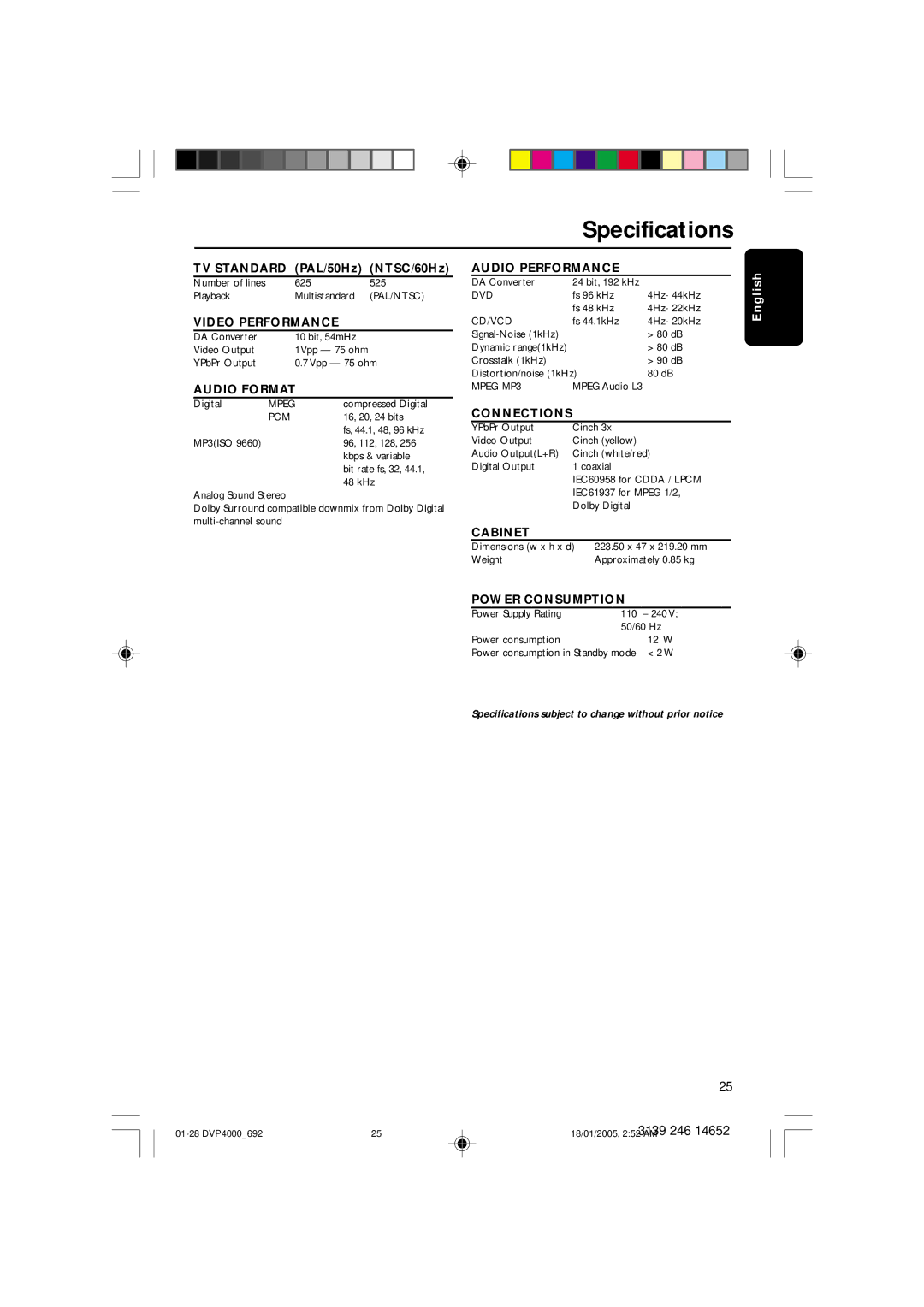 Philips 4000 user manual Specifications, Audio Format 