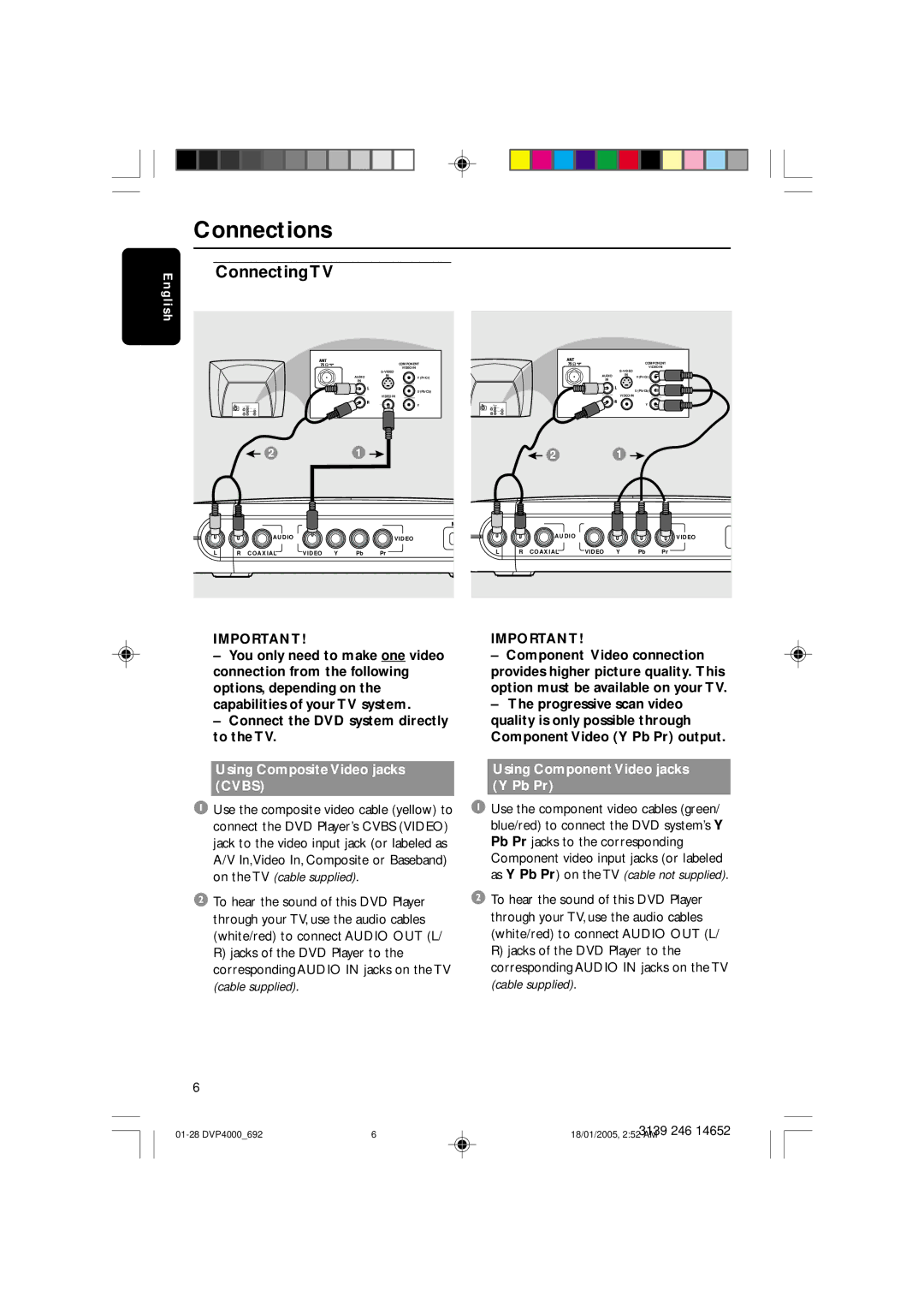 Philips 4000 user manual Connections, Using Composite Video jacks Cvbs, Using Component Video jacks Y Pb Pr 