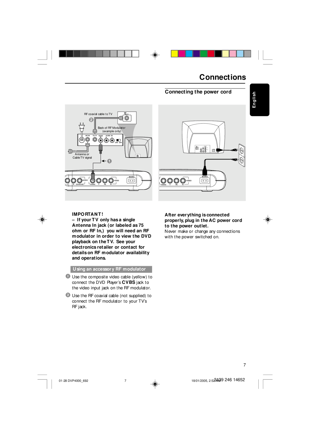 Philips 4000 user manual Connecting the power cord, Using an accessory RF modulator 