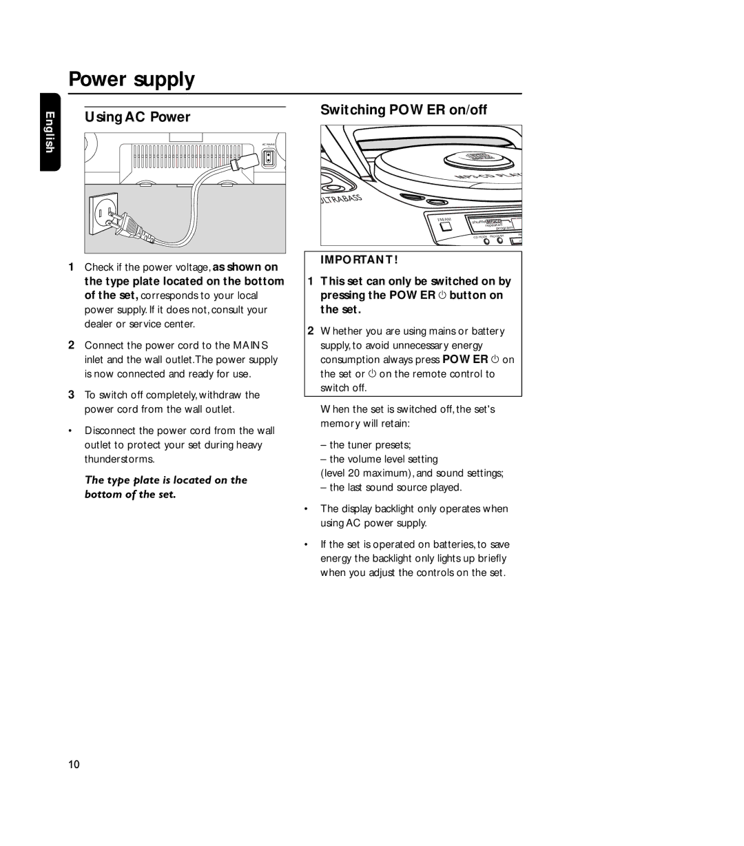 Philips 4000AZ warranty Power supply, Using AC Power, Switching Power on/off 