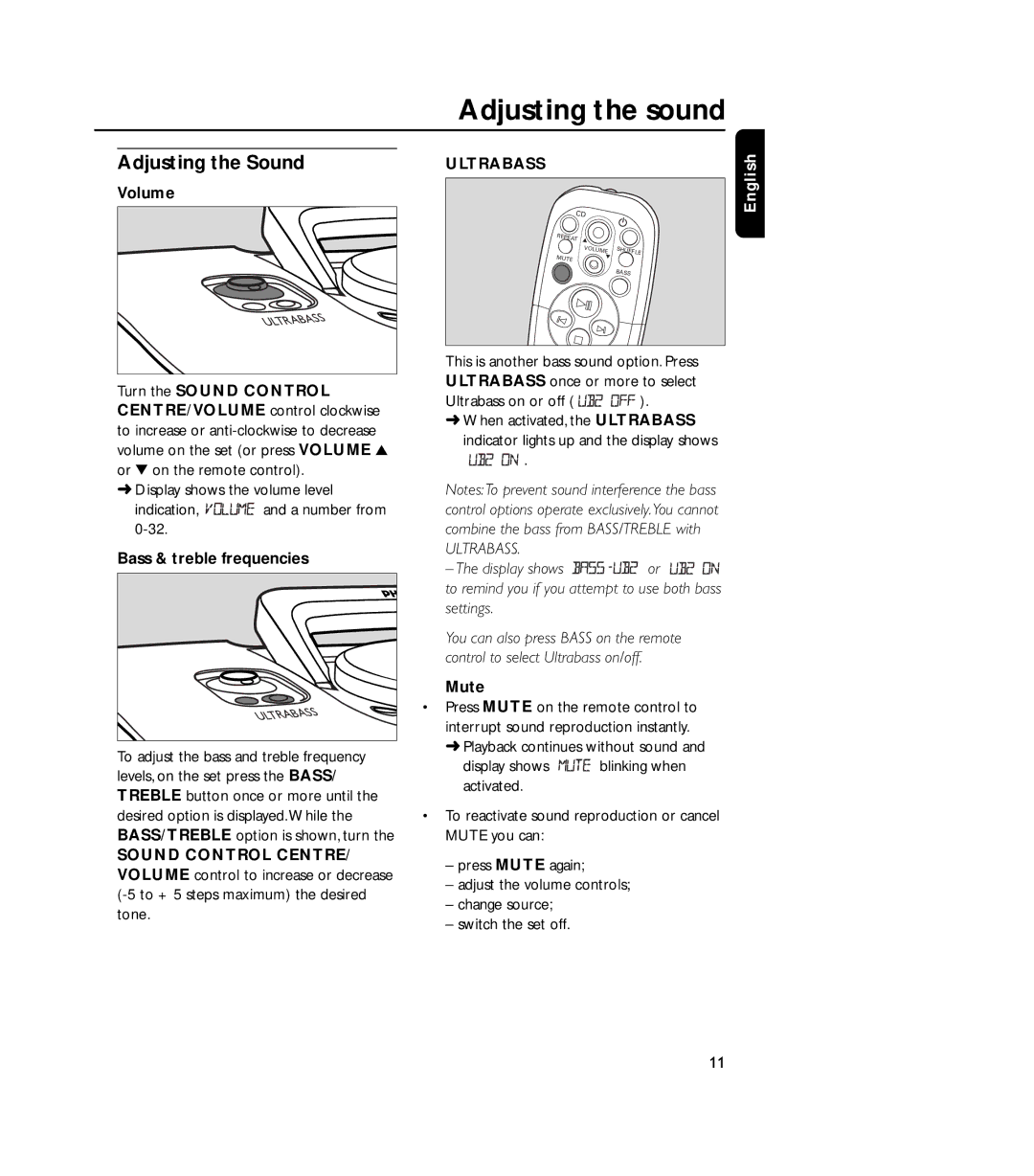 Philips 4000AZ warranty Adjusting the sound, Sound Control Centre, Ultrabass 