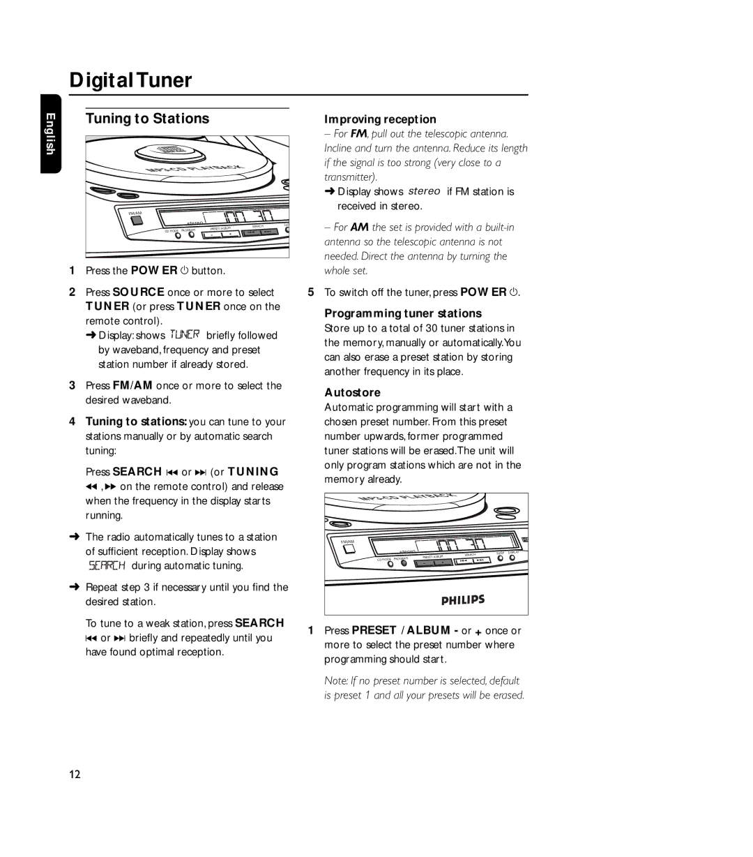 Philips 4000AZ warranty Digital Tuner, Improving reception, Programming tuner stations, Autostore 