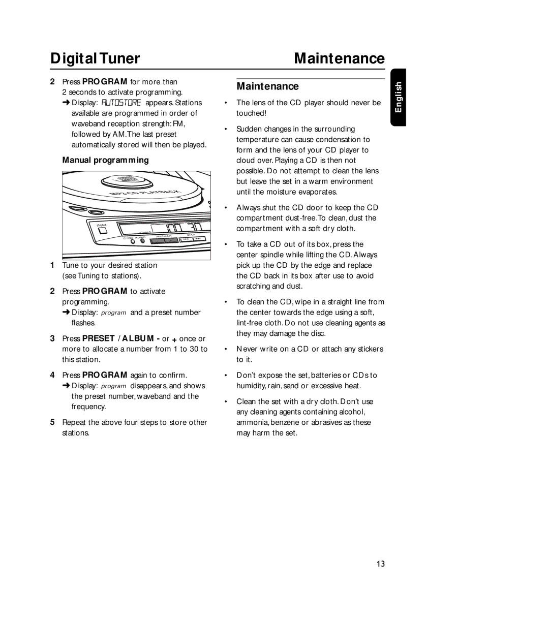 Philips 4000AZ Digital TunerMaintenance, Press Program for more than Seconds to activate programming, Manual programming 