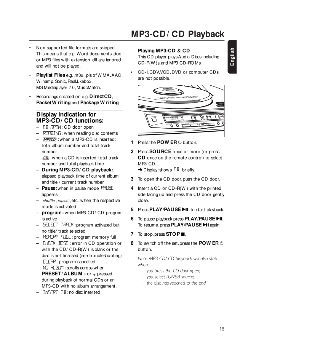 Philips 4000AZ warranty Display indication for MP3-CD/ CD functions, Playing MP3-CD & CD 