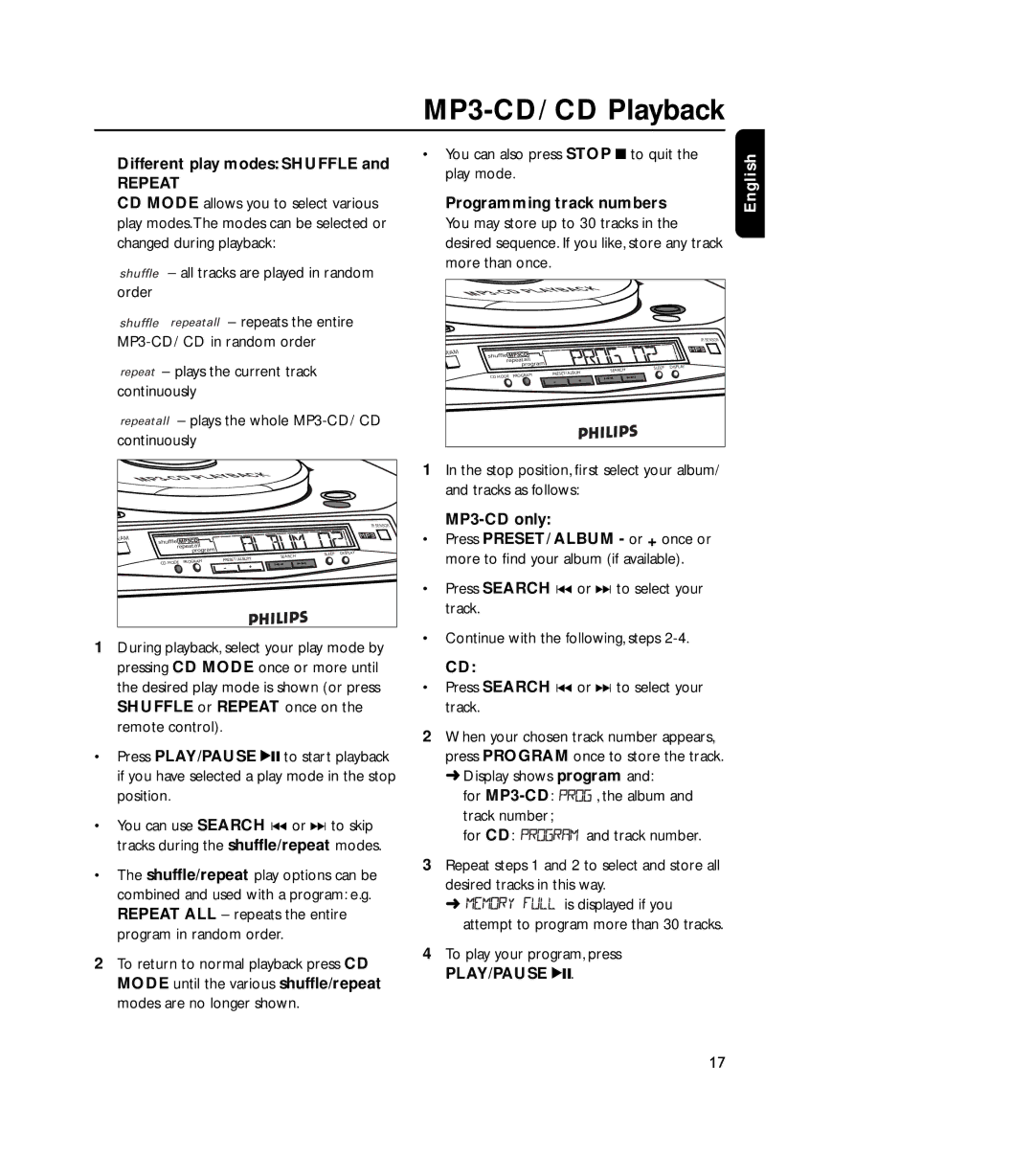 Philips 4000AZ warranty Different play modes Shuffle, Repeat, MP3-CD only 