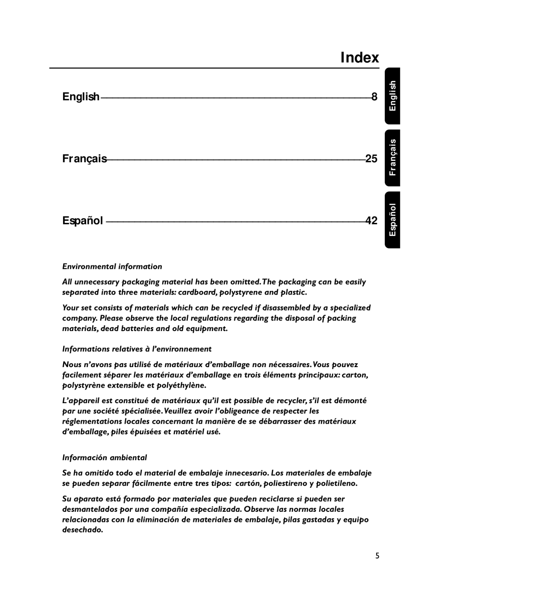 Philips 4000AZ warranty Index, English Français25 Español 