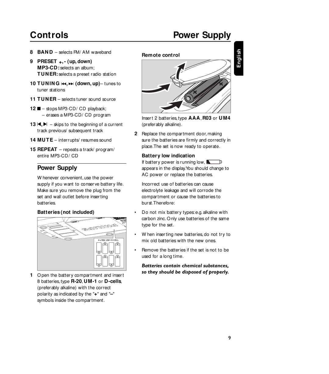 Philips 4000AZ warranty Band selects FM/ AM waveband, Battery low indication, Batteries not included 