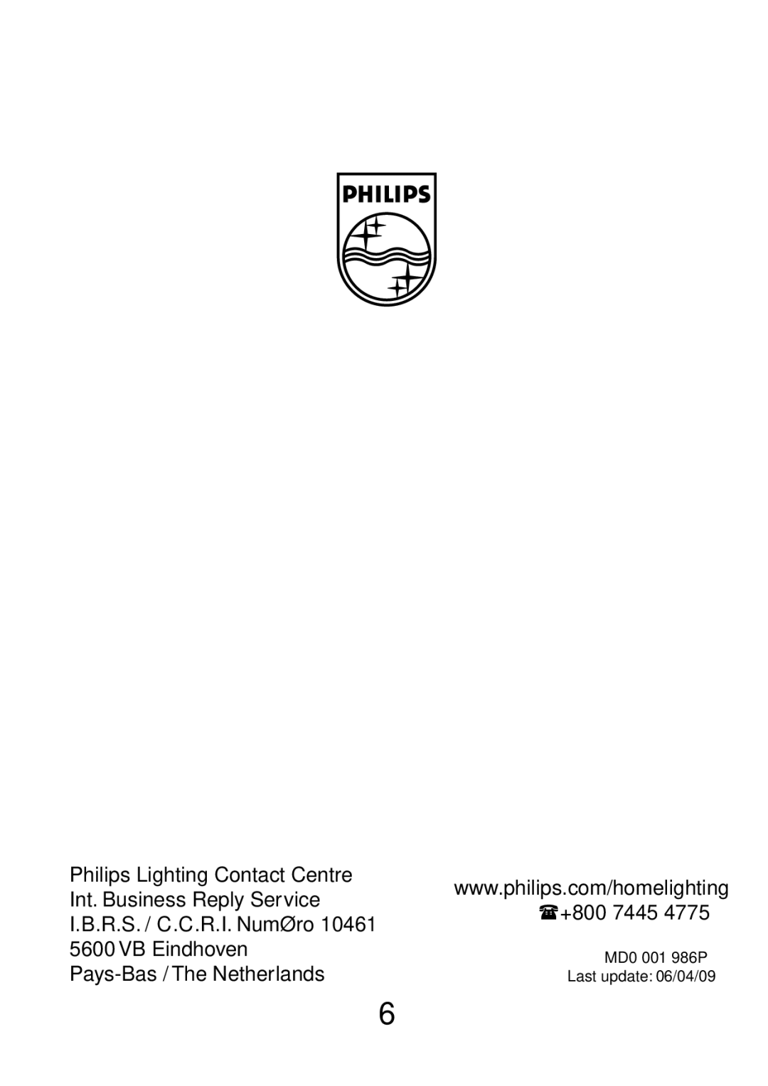 Philips 40339/**/16 user manual MD0 001 986P, Last update 06/04/09 